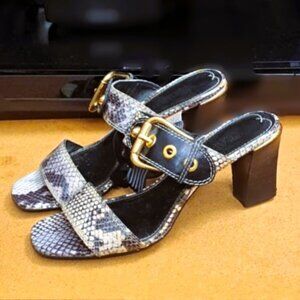 Authentic Franco Sarto Genuine Leather Snake Print Mules Bold Gold Buckle Slides
